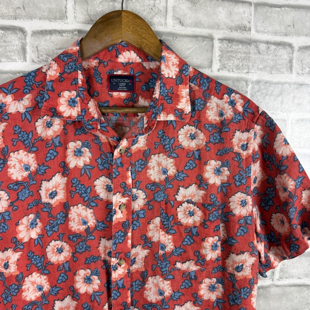 UNTUCKit Redondo-SS Red Floral 100% Linen Slim Fit Short Sleeve Shirt Large